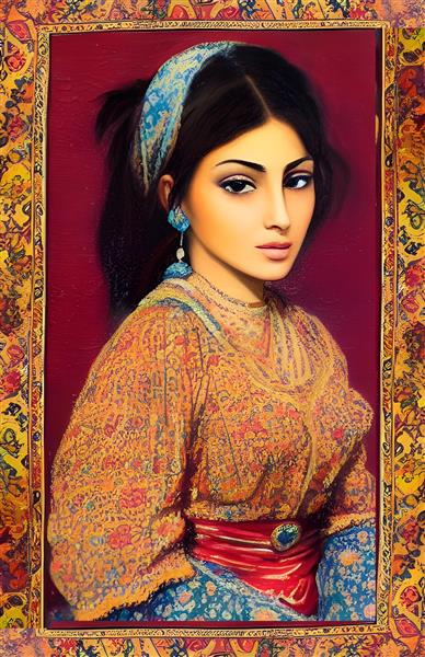 دختر زیبای عاشق غمگین در لباس زیبا طرح فرش ایران در انتظار عشق
