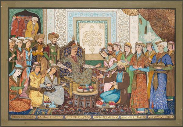 مینیاتور شاه شجاع و خواجه حافظ نقاشی آبرنگ گواش و طلا روی کاغذ