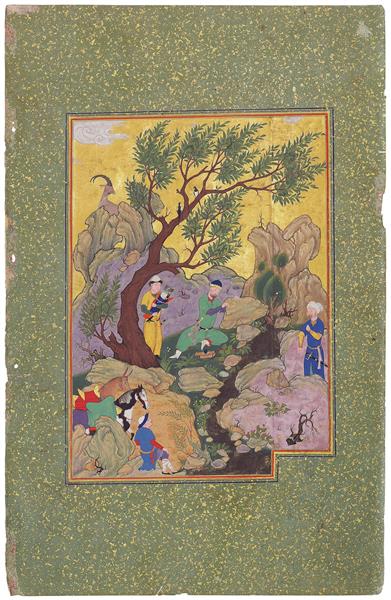 مینیاتور شاه جمشید روی صخره می نویسد بوستان سعدی باب اول در عدل و تدبير و رای