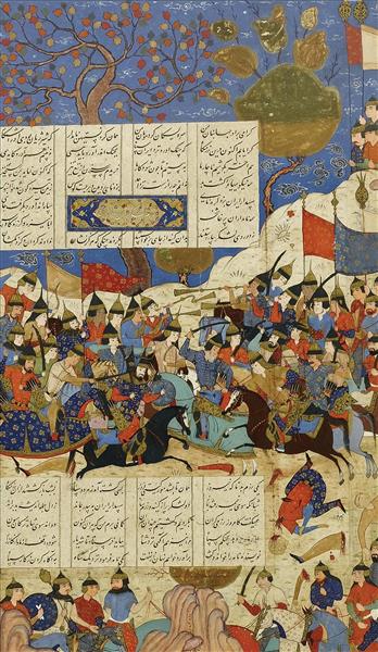 نقاشی رزم لشکر ایران و توران برگ نگارین از یک شاهنامه دستنویس