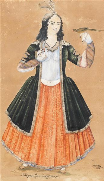 نقاشی مینیاتور دوشیزه ای با طوطی