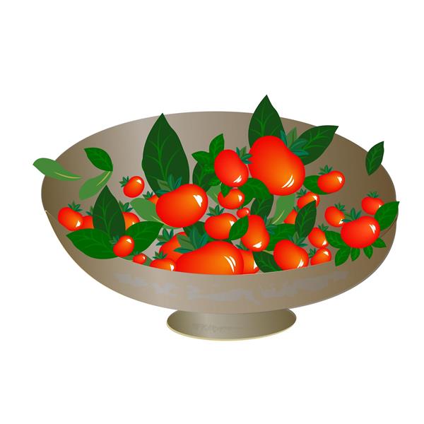 A dish full of red tomatoes with green leaves ظرف پر از گوجه و برگ