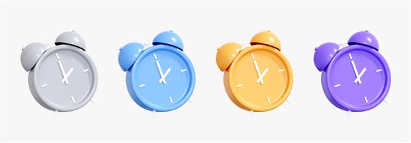 مجموعه نمادهای ساعت زنگ دار کارتونی سه بعدی مفهوم زمان ساعت رنگی قدیمی زمان بیداری مجموعه نشان طراحی مینیمال خلاقانه ایزوله شده در پس زمینه سفید عناصر واقع گرایانه رندر سه بعدی