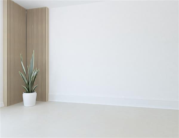 فضای داخلی اتاق مینیمالیستی خالی سفید با گلدان روی زمین چوبی دکور روی دیوار بزرگ منظره سفید در پنجره پس زمینه داخلی داخلی نوردیک خانه تصویرسازی سه بعدی