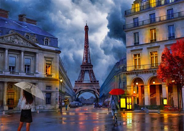 نقاشی رنگ روغن شب بارانی پاریس با برج ایفل مجموعه نقاشی های رنگ روغن طراحان دکوراسیون داخلی هنر بوم انتزاعی مدرن مجموعه ای از تصاویر چتر قدیمی ابری نمای خیابان