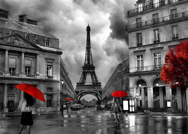 نقاشی رنگ روغن سیاه و سفید دختری با چتر قرمز در شب بارانی پاریس با برج ایفل مجموعه ای از نقاشی های رنگ روغن طراحان دکوراسیون داخلی هنر بوم انتزاعی مدرن قدیمی