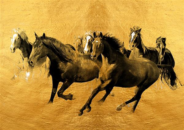 نقاشی مدرن گله طلایی اسب بافت سبک شرقی بوم خاکستری و طلایی با الگوی انتزاعی مجموعه هنرمندان نقاشی حیوانات برای تزئین