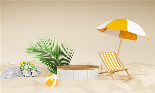 رندر سه بعدی از تریبون حداقل نمایش Abstract برای نمایش محصولات یا ارائه لوازم آرایشی با صحنه تابستانی ساحل فصل تابستان برای مفهوم تعطیلات