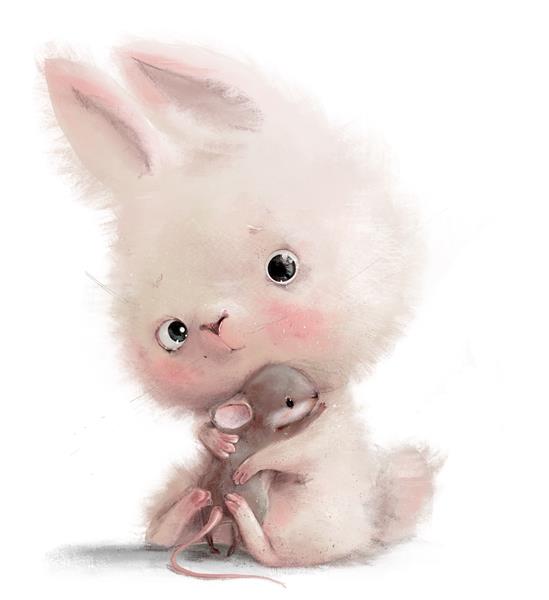 شخصیت کارتونی زیبای خرگوش سفید با موش کوچک