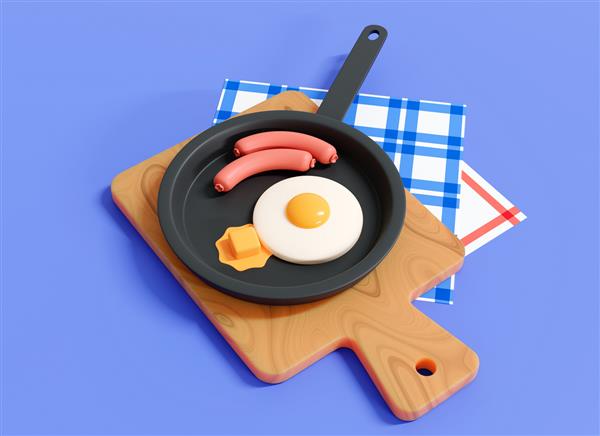 ماهیتابه سه بعدی با تخم مرغ سرخ شده و سوسیس مفهوم صبحانه انگلیسی سرو غذا روی میز طراحی Low Poly تصویر خلاقانه کارتونی جدا شده در پس زمینه آبی رندر سه بعدی