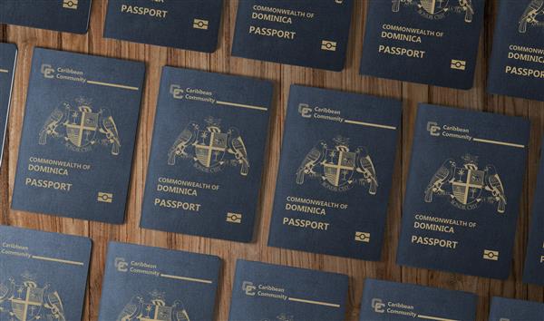 گذرنامه های ایالت دومینیکا در دریای کارائیب نمای بالا روی میز چوبی