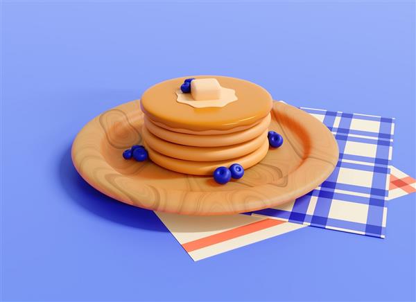 پنکیک سه بعدی با بلوبری روی بشقاب چوبی صبحانه یا دسر شیرین با شیرینی و انواع توت ها مفهوم طراحی واقع گرایانه تصویر خلاقانه کارتونی برای منو در پس زمینه آبی رندر سه بعدی