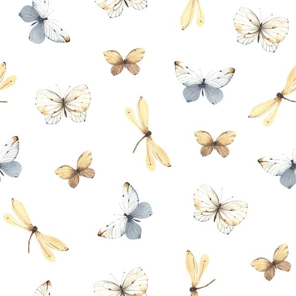 الگوی با پروانه‌ها و سنجاقک‌های رنگی تصویر آبرنگ بدون درز حیات وحش با حشرات پرنده آبی و زرد جدا شده در پس‌زمینه سفید طراحی چاپ برای پارچه یا کاغذ دیواری