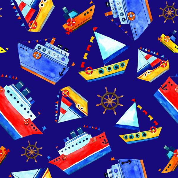 الگوی آبرنگ بدون درز کشتی بخار آبی و قایق ها و کشتی ها با پرچم شناور نجات قرمز به سبک کارتونی ارسال می شود طراحی برای کاغذ دیواری کودکان پس زمینه دکوراسیون دکور مهمانی