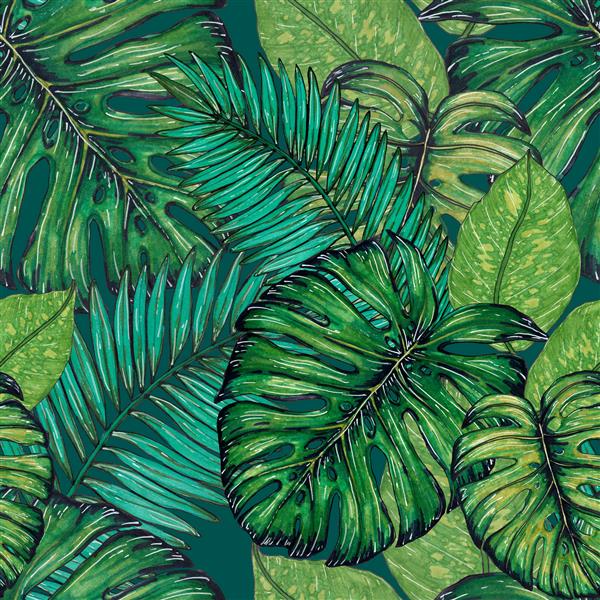 الگوی بدون درز آبرنگ با برگ های استوایی چاپ روی سرتاسر زیبا با گیاهان عجیب و غریب طراحی شده با دست طراحی گیاه شناسی لباس شنا