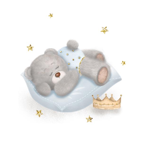 خرس عروسکی کوچک که روی بالش می خوابد تاج و ستاره های زرق و برق تصویر کشیده شده با آبرنگ با پس زمینه جدا شده سفید؛ می توان برای حمام کودک یا کارت پستال استفاده کرد