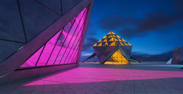 طراحی مثلثی شکل معاصر معماری بیرونی ساختمان مدرن با عنصر شیشه بتن و فولاد صحنه شب رندر سه بعدی فوتورئالیستی