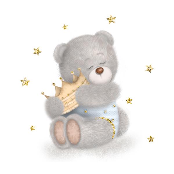 خرس ناز کوچولو یک تاج پر زرق و برق در دست دارد تصویر آبرنگ کشیده شده با دست را می توان به عنوان پوستر اتاق یا کودک یا روی کارت یا پارچه پتوی کودک گهواره دکوراسیون استفاده کرد