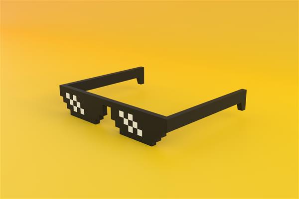 عینک‌های پیکسل میم روی پس‌زمینه زرد مفهوم مینیمالیستی رندر سه بعدی تصویر سه بعدی