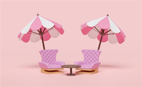 اسباب بازی میز قهوه با چتر یا چتر صورتی صندلی مبل ایزوله شده روی پس زمینه صورتی تصویر سه بعدی یا رندر سه بعدی