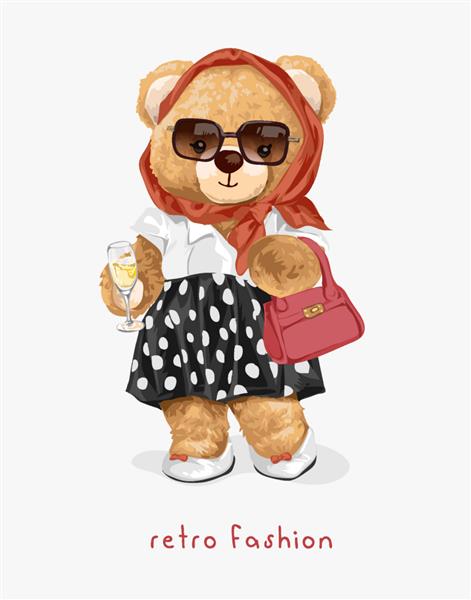 شعار مد با عروسک خرس زیبا در تصویر برداری سبک مد قدیمی