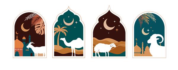جشنواره عید قربان کارت پستال با گوسفند قربانی و هلال در پس زمینه شب ابری تم عید مبارک تصویر برداری