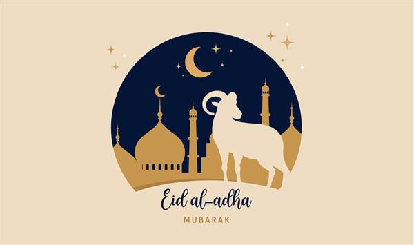 جشنواره عید قربان کارت پستال با گوسفند قربانی و هلال در پس زمینه شب ابری تم عید مبارک تصویر برداری