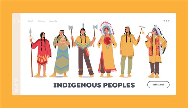 الگوی صفحه فرود شخصیت های بومی هندی آمریکایی جنگجویان مردان زنان و رئیس افراد بومی بومی با لباس های قبیله ای و سرپوش با پر تصویر برداری مردم کارتونی