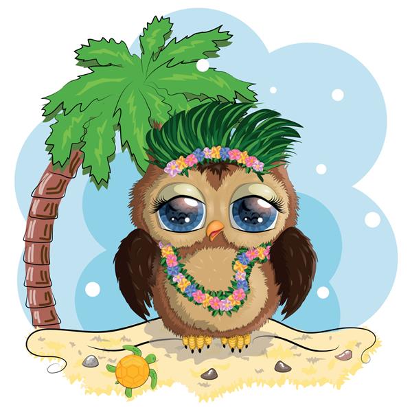 شخصیت کارتونی زیبای جغد در مفهوم تعطیلات با رنگ‌های هولا رقصنده در هاوایی در ساحل با درختان نخل