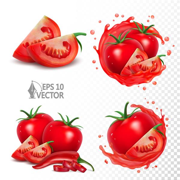 گوجه فرنگی رسیده و فلفل چیلی پاشیدن آب گوجه فرنگی واقعی مجموعه گوجه فرنگی طبیعی جدا شده در پس زمینه سفید تصویر برداری سه بعدی غذا و نوشیدنی