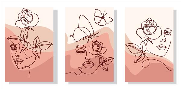 نقاشی وکتور یک خطی پیوسته صورت زن الگوهای سبک با چهره زنانه انتزاعی و گل رز سبک خطی ساده مینیمالیستی مدرن طراحی مد زیبایی