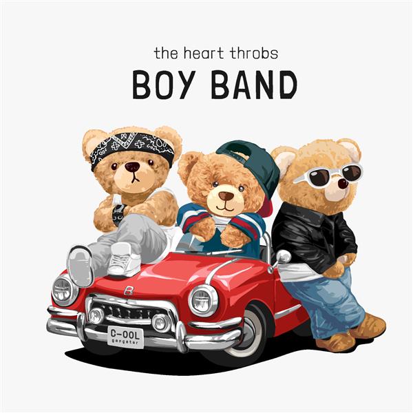 شعار گروه پسر با تصویر وکتور عروسک خرس نشسته روی ماشین قرمز