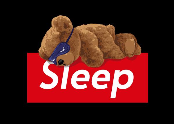 عروسک خرس قهوه ای با ماسک خواب خوابیده روی تصویر وکتور شعار خواب در پس زمینه سیاه