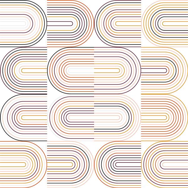 وکتور مدرن الگوی هندسی بدون درز انتزاعی با نیم دایره و دایره در سبک یکپارچهسازی با سیستمعامل خطوط رنگی پاستلی در زمینه سفید تصویرسازی مینیمالیستی به سبک باهاوس با اشکال ساده