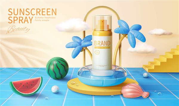 قالب تبلیغات آرایشی مهمانی تابستانی سه بعدی با طراحی خلاقانه صحنه استخر بطری محصول روی سکوی گرد تزئین شده با حلقه شنا و شناورهای دیگر استخر نمایش داده می شود