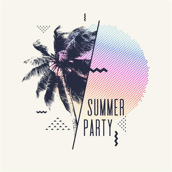 جشن تابستانی پوستر مدرن با نخل و گرافیک هندسی تصویر برداری