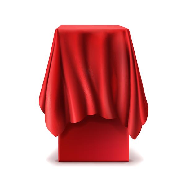 وکتور پایه واقع گرایانه پوشیده شده با پارچه ابریشمی قرمز جدا شده در پس زمینه سفید تریبون خالی تریبون با سفره برای سخنرانی یا ارائه جعبه مخفی زیر پارچه ساتن پنهان شده با پارچه