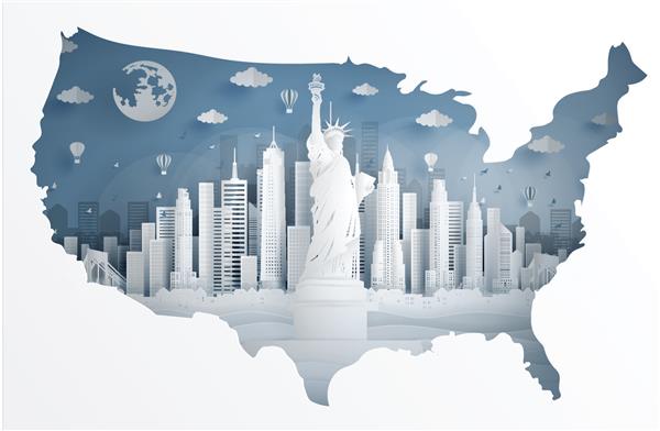 شهر نیویورک با مجسمه آزادی و نقشه ایالات متحده آمریکا در تصویر برداری سبک هنری برش کاغذ پوستر سفر کارت پستال و تبلیغات