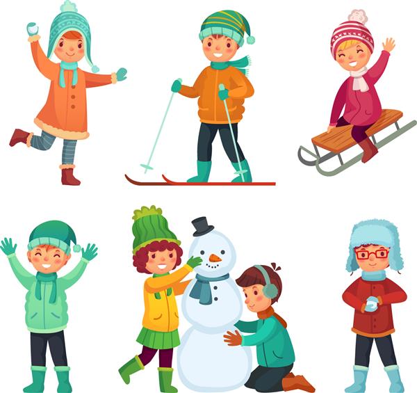 کارتون بچه های زمستانی بچه ها در تعطیلات زمستانی بازی می کنند سورتمه می کشند و آدم برفی و گلوله برفی درست می کنند مجموعه آیکون های جدا شده وکتور بازی کریسمس شخصیت های کودکان کودک در حال بازی در تعطیلات برف سرد