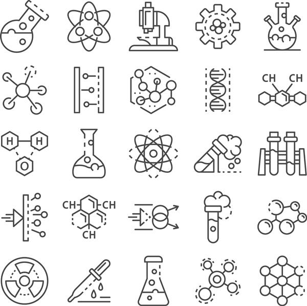 مجموعه آیکون آزمایشگاه شیمی مجموعه طرح کلی آیکون های وکتور آزمایشگاه شیمی برای طراحی وب جدا شده در پس زمینه سفید
