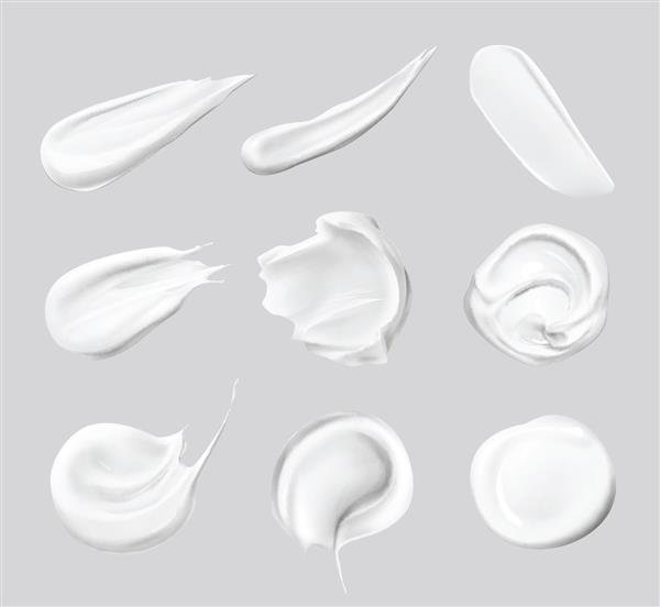 مجموعه وکتور واقع گرایانه اسمیر کرم سفید آرایشی برای پوست با اشکال و اندازه های مختلف جدا شده در پس زمینه نمای بالا
