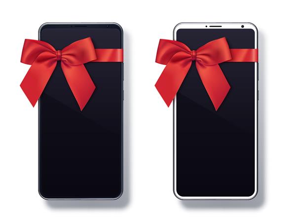 گوشی های هوشمند سیاه و سفید با کمان جدا شده در پس زمینه سفید طرح هدیه تلفن همراه قالب تلفن همراه تصویر برداری