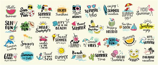 مجموعه بزرگی از برچسب های تابستانی آرم ها برچسب ها و عناصر طراحی شده با دست برای تعطیلات تابستانی سفر تعطیلات ساحلی خورشید تصویر برداری