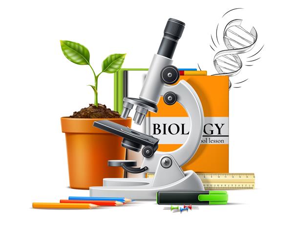 مفهوم واقعی زیست شناسی با میکروسکوپ نهال گیاه سبز در گلدان سرامیکی در پس زمینه کتاب و لوازم التحریر وکتور فناوری‌های زیستی مولکولی در آزمایشگاه بازگشت به طراحی مدرسه