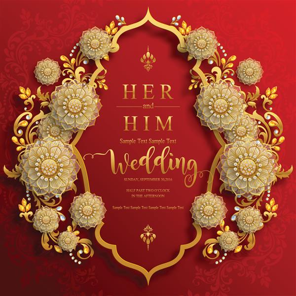 قالب‌های کارت دعوت عروسی هندی با طرح‌دار طلایی و کریستال روی کاغذ رنگی پس‌زمینه