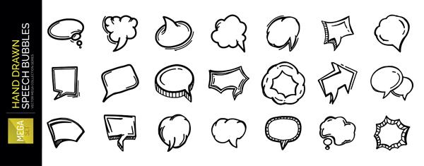 مجموعه ای از حباب های گفتاری کشیده شده با دست بالن های طرح طنز کارتونی ابرها برای طراحی ارتباطی