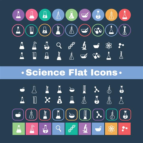 نماد علمی به سبک مسطح مجموعه ای از نمادهای تخت با نمادهای علم و پزشکی