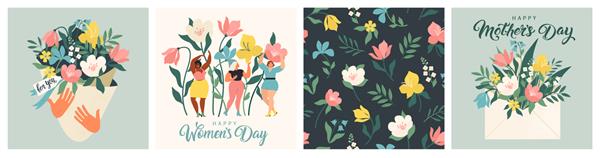 8 مارس روز زن مبارک کارت ها و پوسترهای زیبا برای تعطیلات بهاری تصویر برداری از یک تاریخ یک زن و یک دسته گل