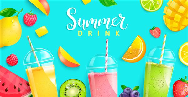 نوشیدنی های تابستانی 2020 پس زمینه گرمسیری فصل گرم با اسموتی تازه و میوه های کیوی انبه پرتقال هندوانه لیمو آهک و انواع توت ها الگوی روشن برای طراحی شما تصویر برداری