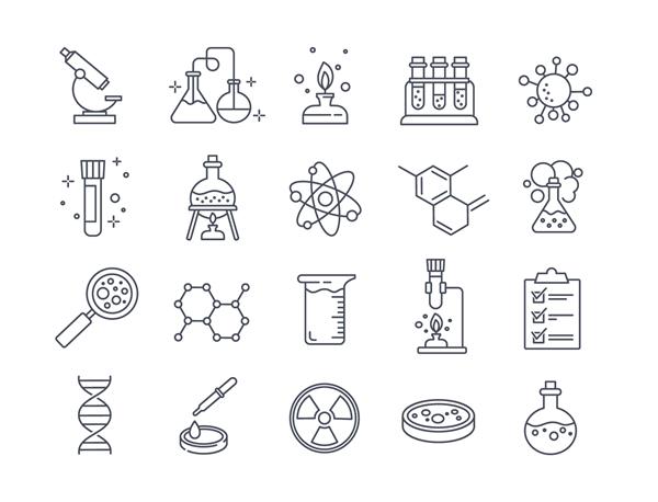 مجموعه بزرگی از آزمایشگاه شیمی و نمادهای نموداری که آزمایش‌های مختلف ظروف شیشه‌ای و مولکول‌های جدا شده روی سفید برای عناصر طراحی تصویر برداری سیاه و سفید را نشان می‌دهد